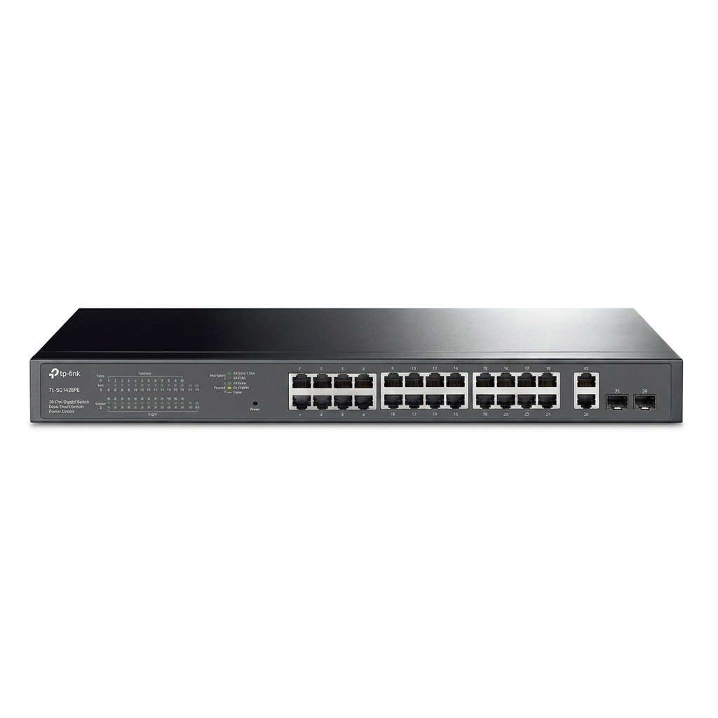 TP-Link TL-SG1428PE 28-Port Gigabit Easy Smart Switch hero shot on a pure white background.