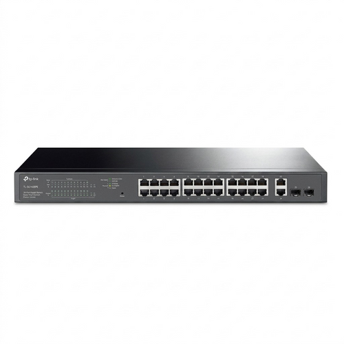 TP-Link TL-SG1428PE 28-Port Gigabit Easy Smart Switch hero shot on a pure white background.