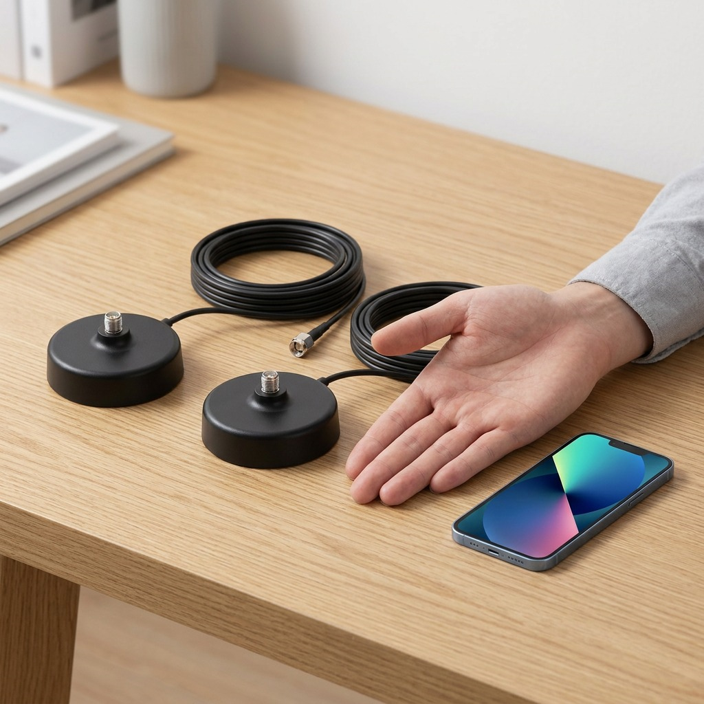 Two antenna extension bases with cables next to a human hand and smartphone on an outdoor table for scale.