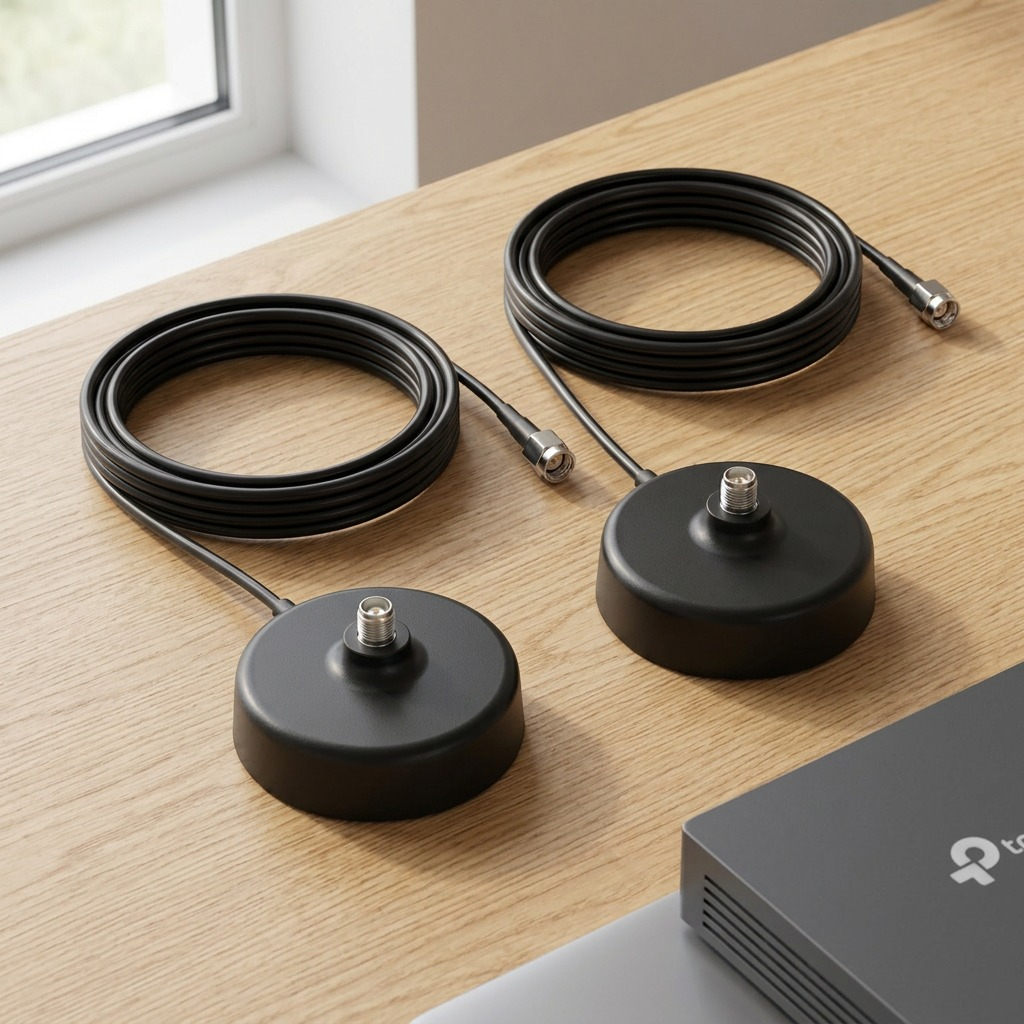 A lifestyle photo shows two 1m antenna extension bases and cables on a wooden desk near a router.