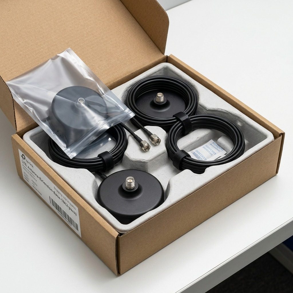 A photograph of two TP-Link antenna bases and coiled cables neatly unboxed next to protective foam inserts and a plain cardboard box.