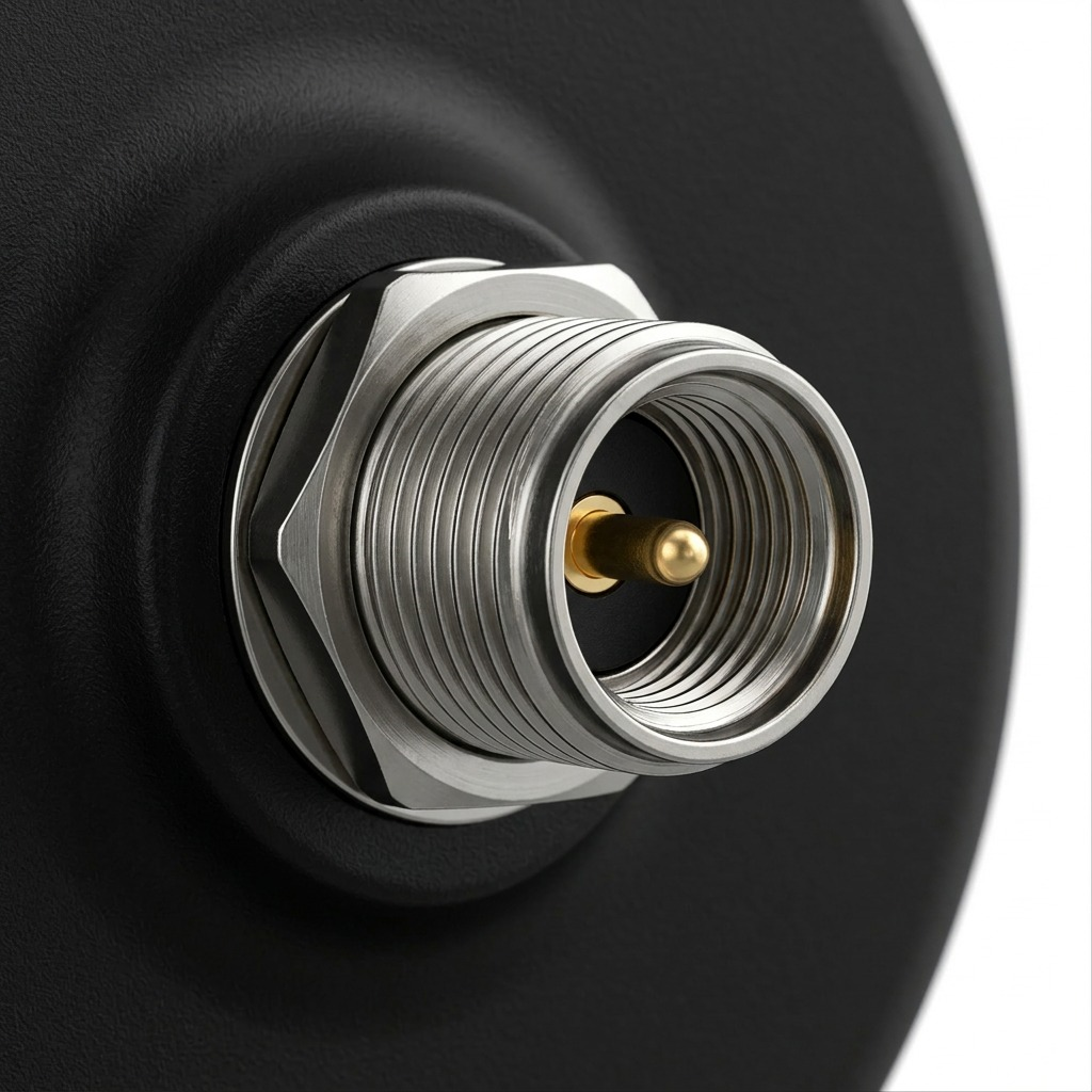 Macro visualization of the nickel-plated SMA connector interface detail on the LTE-Antenna-Extension-Base-1M.