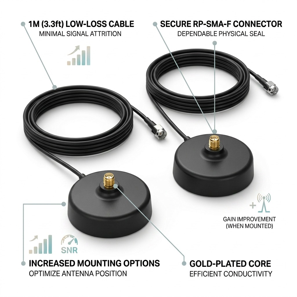 A visual infographic matrix highlighting the performance-boosting features of the TP-Link LTE Antenna Extension Base. Contains short text callouts and pointers to physical components on a clean white background.