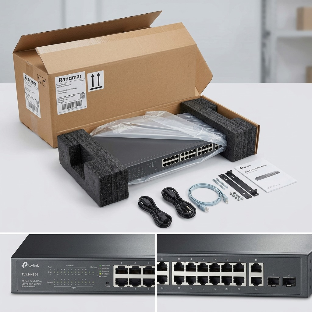 TP-Link TL-SG1428PE unboxing: protected in open carton with custom foam and bundled power cords.