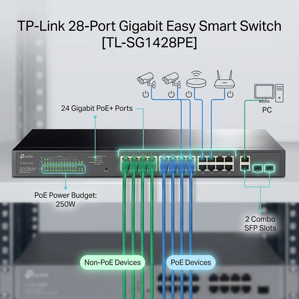 A diagram illustrating features of the TP-Link TL-SG1428PE switch, including 24 PoE+ ports and power budget.