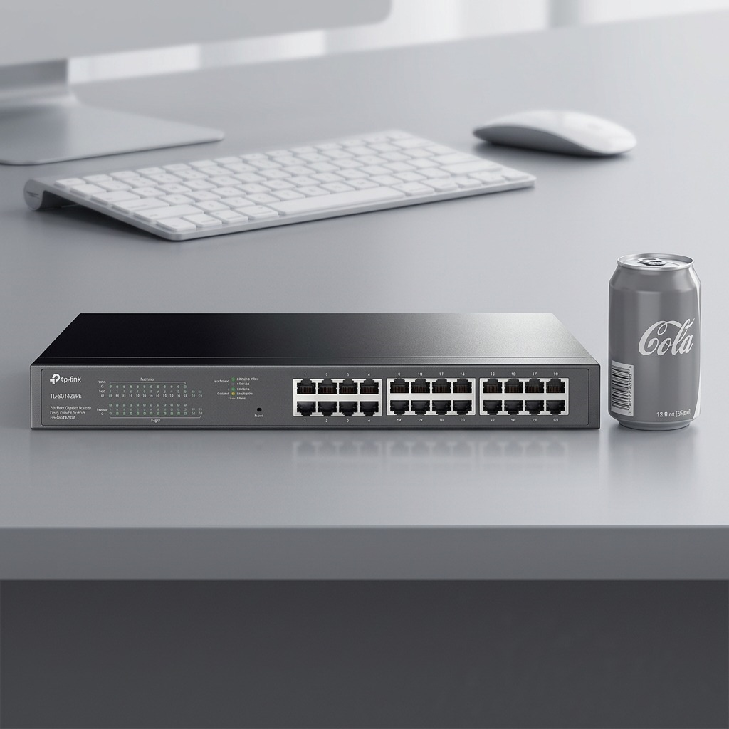 A photograph of the TP-Link 28-Port Smart Switch (TL-SG1428PE) placed next to a standard 12 fluid ounce can, accurately demonstrating its physical size in an office environment.