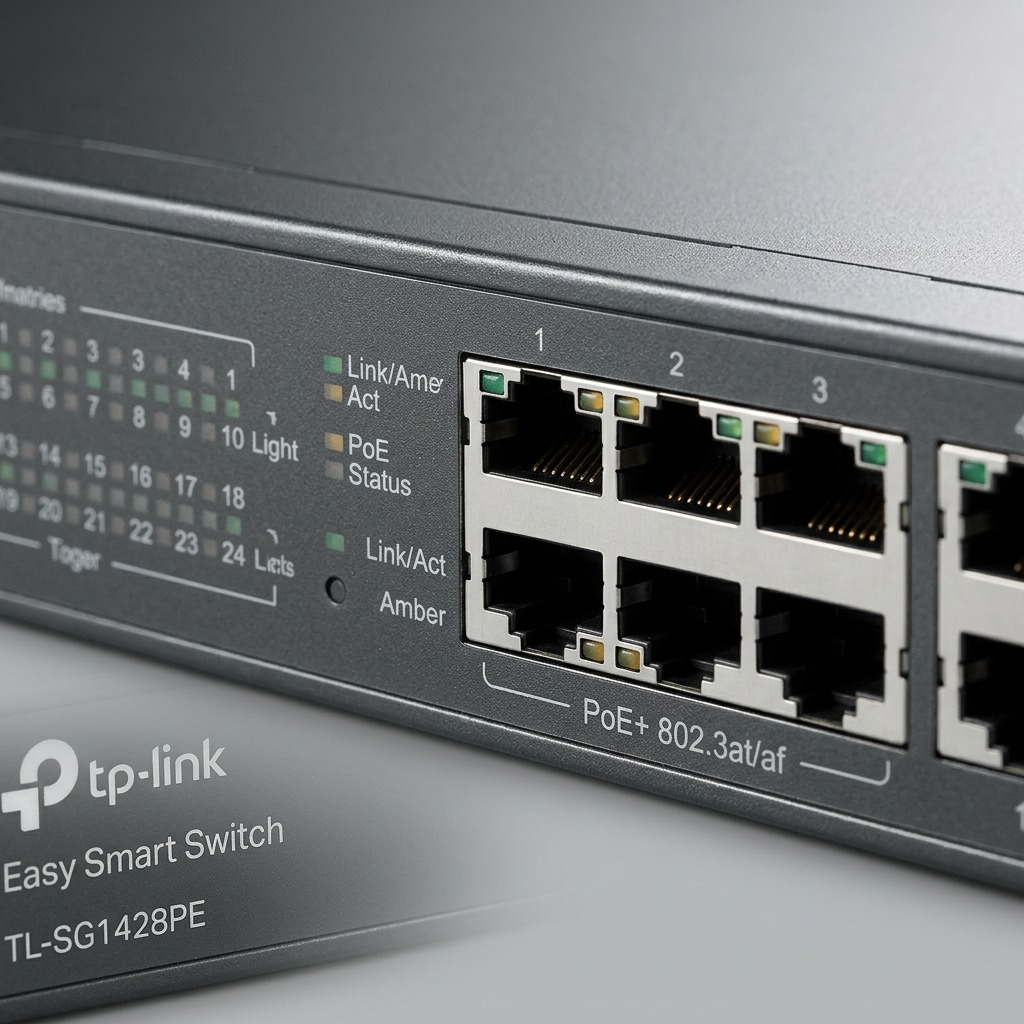 Macro close-up of a TP-Link TL-SG1428PE switch's PoE+ ports and port-status LED grid.
