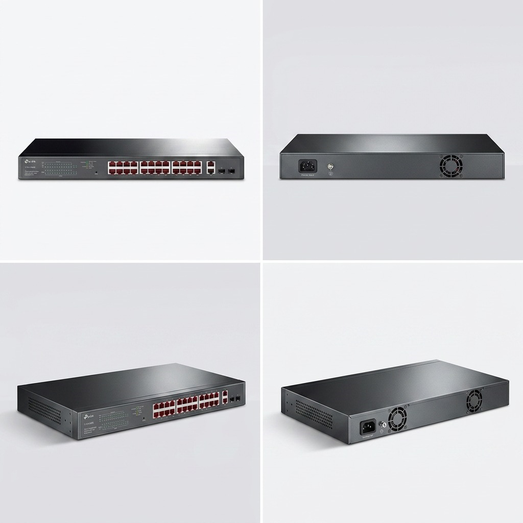 Visual matrix grid showing the TP-Link 28-Port Gigabit Switch from front, rear, and side angles.