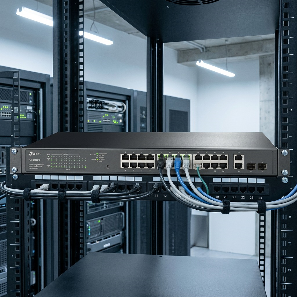 A lifestyle photo of the TP-Link TL-SG1428PE 28-port switch installed in an open network rack.<ctrl46>