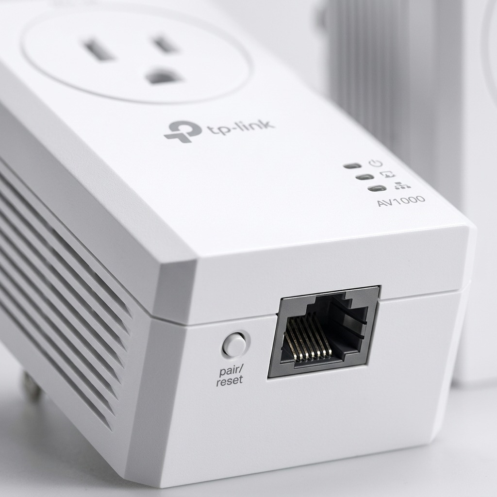Extreme close-up of a TP-Link powerline adapter's Gigabit Ethernet port, status LEDs, and side vents with a reset button.