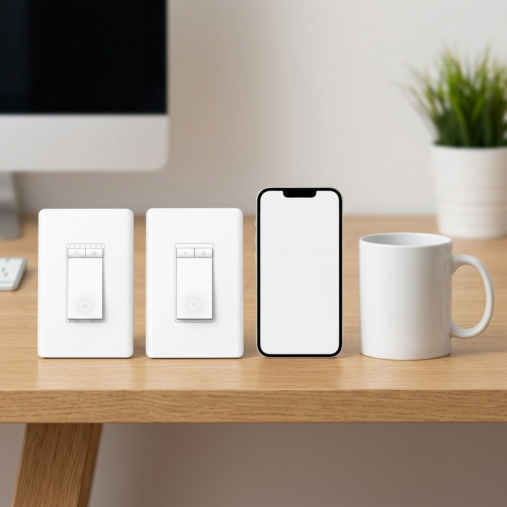 Tapo-S515D-KIT dimmer switch pair beside a smartphone and mug to show actual size, no logos.