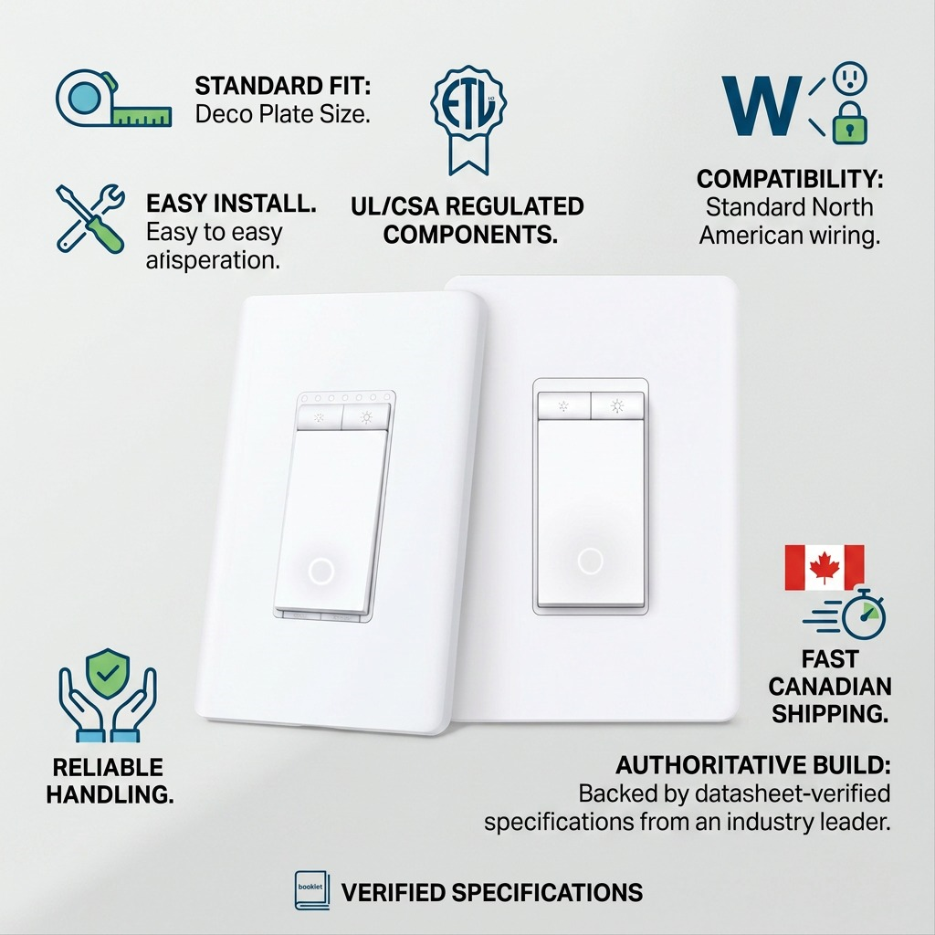 TP-Link Tapo smart dimmer switches in a trust infographic with icons for easy install, fast Canadian shipping, and verified specs.