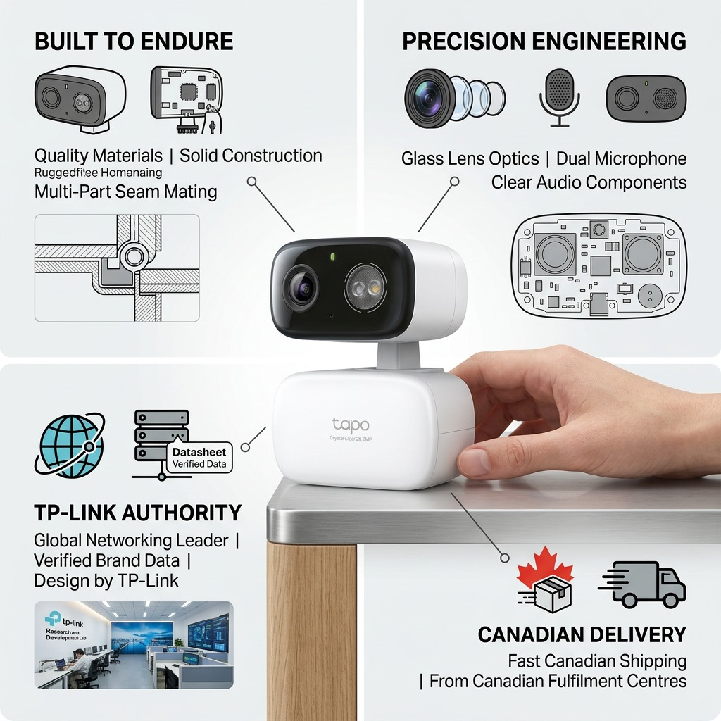 An infographic for the TP-Link Tapo C216 camera, showing Canadian shipping, build quality, and setup information.