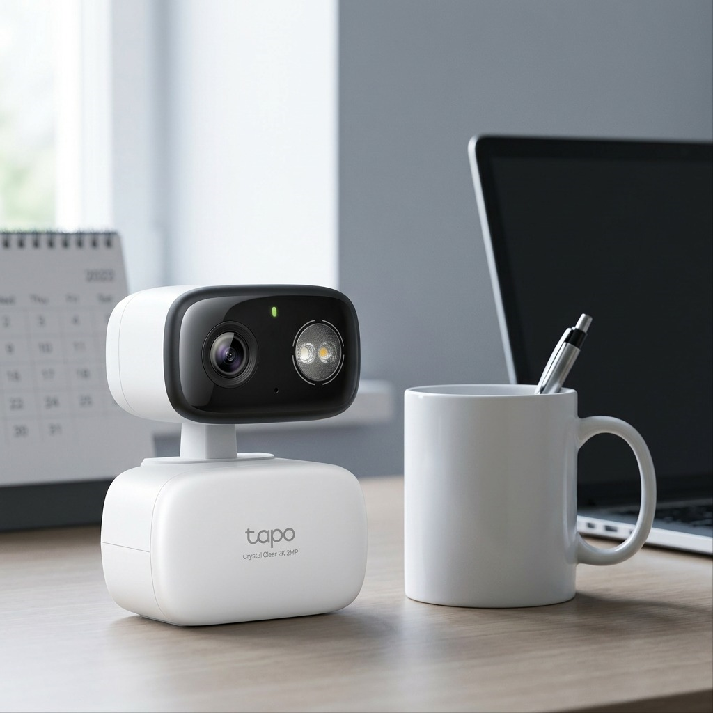 Product image of the Tapo C216 camera on a desk, next to a coffee mug for scale reference.