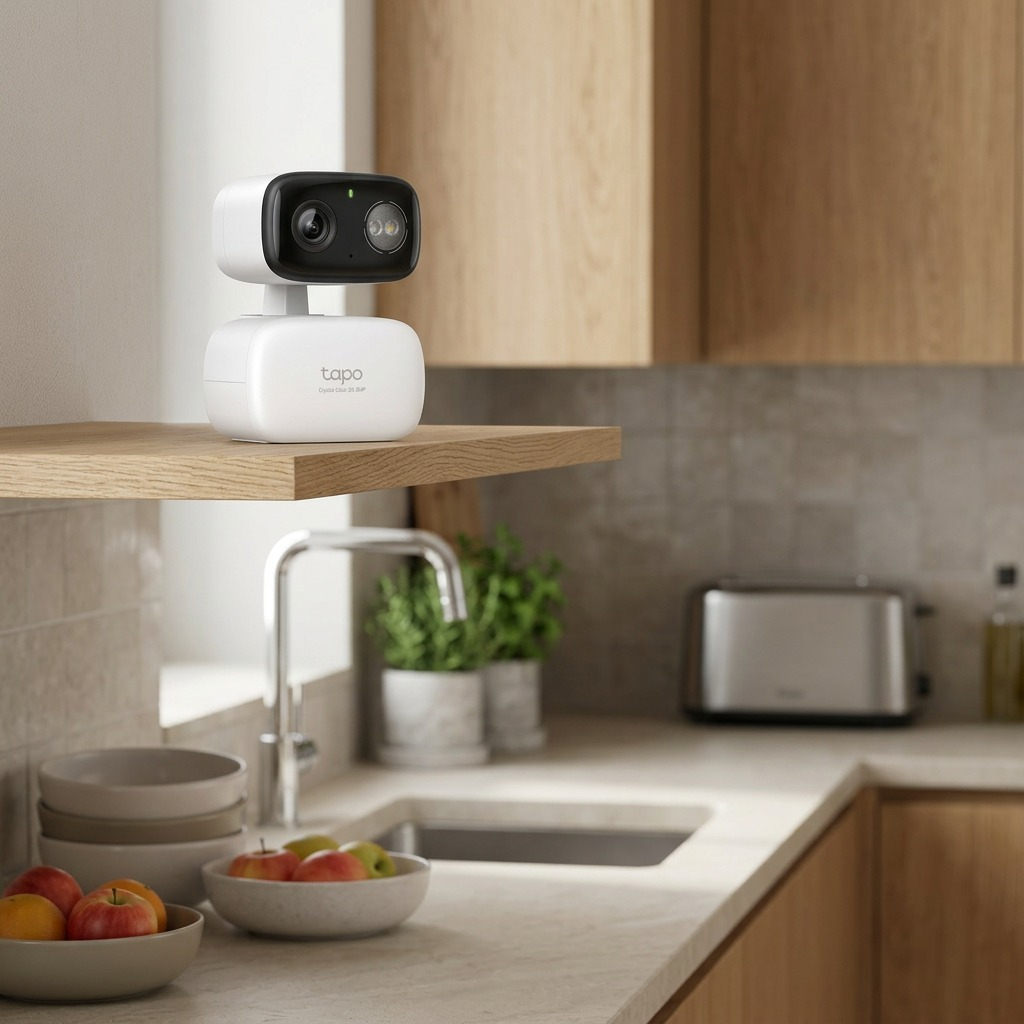 A Tapo C216 camera on a wooden kitchen shelf provides home security monitoring.