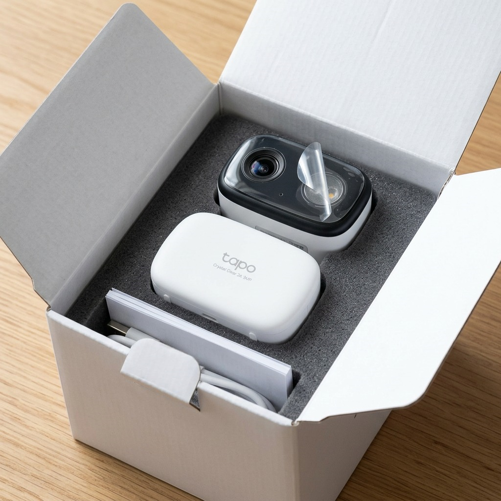The TP-Link Tapo C216 sits securely in protective foam within an open, sturdy white cardboard box.