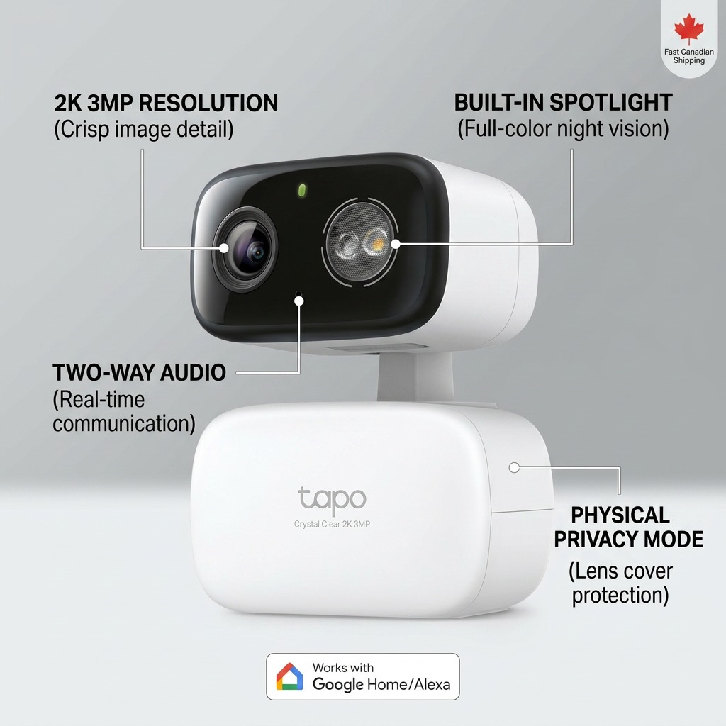 A TP-Link Tapo C216 camera with feature callouts for 2K 3MP resolution, full-color night vision, two-way audio, and privacy mode.