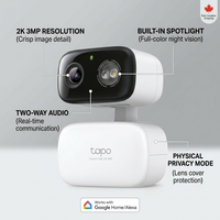 A TP-Link Tapo C216 camera with feature callouts for 2K 3MP resolution, full-color night vision, two-way audio, and privacy mode.